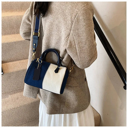 Patchwork Colorblock Mini Handbags For Women Denim Shoulder Cross Body Bags Casual Street Small Boston Bag 2025 Designer Purses PlatiNum