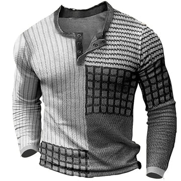 Nuovo Color Block Patchwork 3D Stampato Henley Camicie Moda uomo Vintage Button-Down Manica lunga T Shirt Uomo Tees Top Abbigliamento