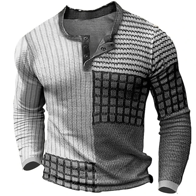 New Color Block Patchwork 3D Printed Henley Shirts Men's Fashion Vintage Button-Down Long Sleeve T Shirt Male Tees Top Clothing