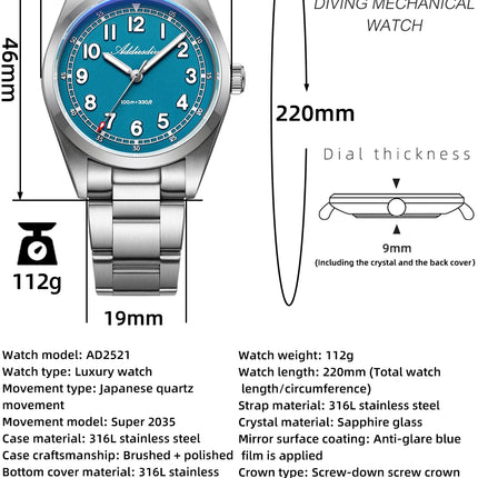 ADDIESDIVE Luxury Men's Watch 100m Water Resistance Sapphire Glass BGW9 Super Luminous Quartz Movement Stainless Steel Bracelet