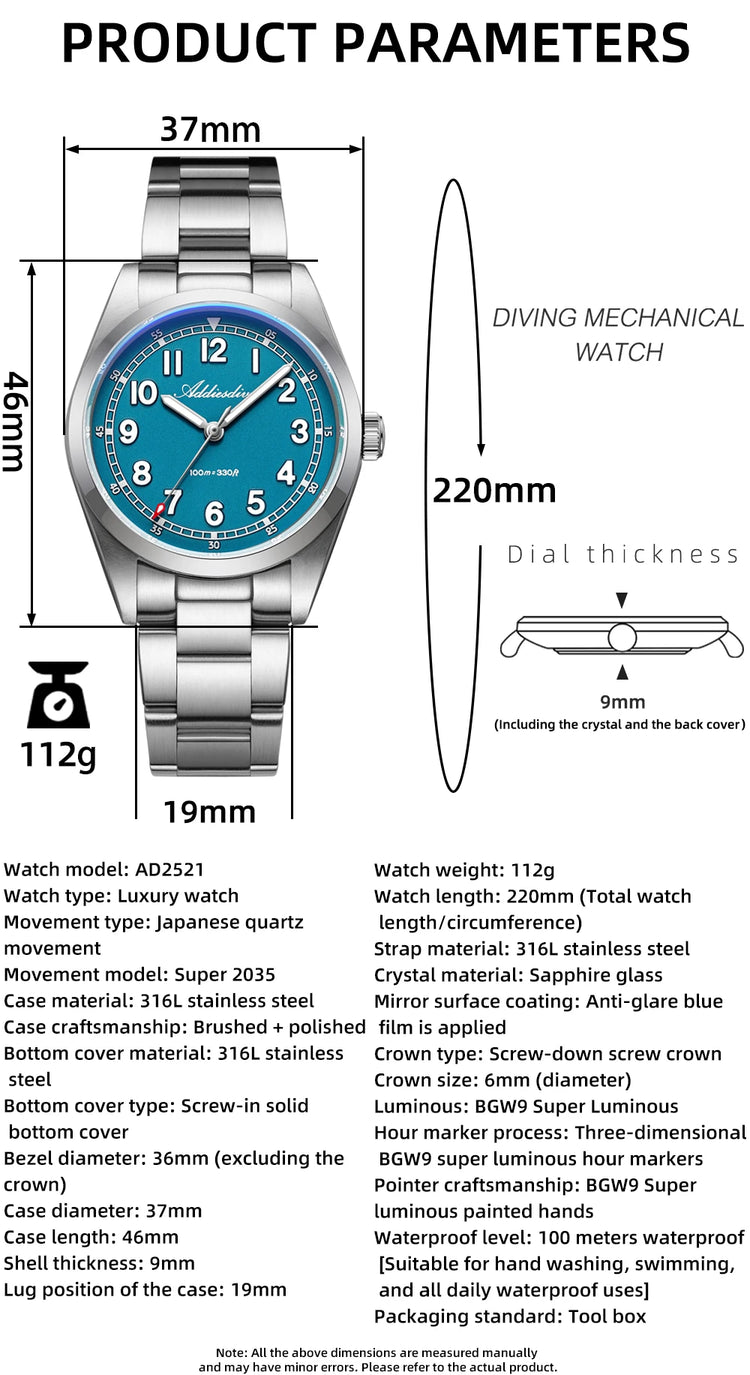 ADDIESDIVE Luxury Men's Watch 100m Water Resistance Sapphire Glass BGW9 Super Luminous Quartz Movement Stainless Steel Bracelet