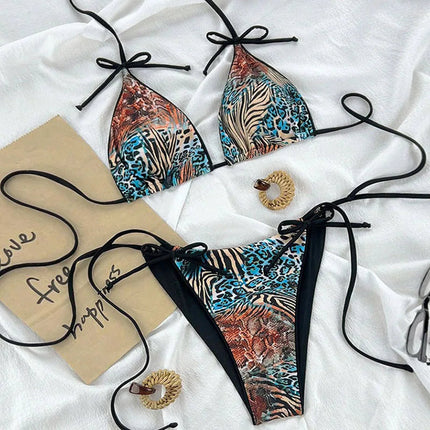 Costume da bagno bikini sexy leopardato da donna con spalline push-up, set bikini a tre pezzi a vita bassa, costumi da bagno estivi da donna senza schienale per la spiaggia PlatiNum