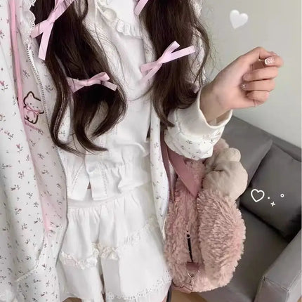 Y2k Hoodies Green Kawaii Cat Floral Print Hooded Zip-up Woman Sweatshirts Pink Thin Jacket Spring Fall Clothes Cute Streetwear