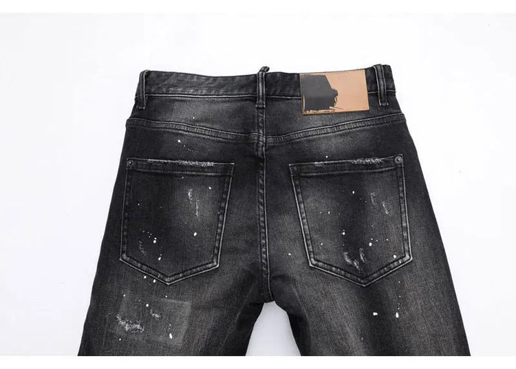 Street Designer Fashion Men Jeans High Quality Retro Black Gray Stretch Slim Fit Ripped Jeans Men Brand Vintage Y2K Denim Pants PlatiNum