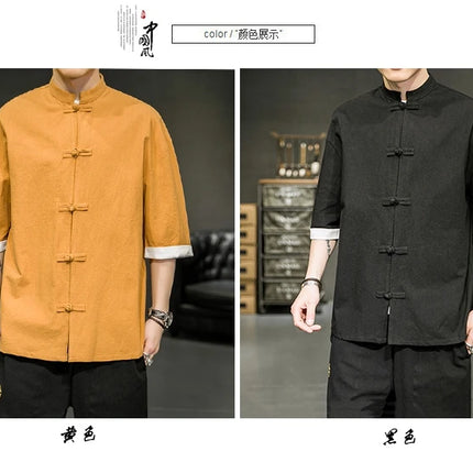 Camicia stile giapponese da uomo estiva cinese colletto rialzato Yukata Kimono Samurai Indossare T-shirt color block Hanbok Cappotto casual