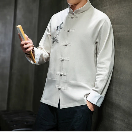 Camicie con ricamo gru Abbigliamento tradizionale cinese vintage Mezza manica da uomo in lino Solido colletto Madarin Cardigan Hanfu Kungfu