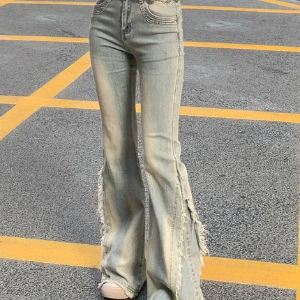 Jeans blu vintage da donna a vita alta americani retrò anni '90 materia prima design bordo Y2k pantaloni in denim streetwear jeans a gamba larga
