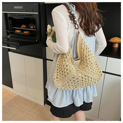 Women's Woven Straw Tote Bag Large Capacity, Summer Beach Vacation Bag, Fashionable Shoulder Bag for Commuting