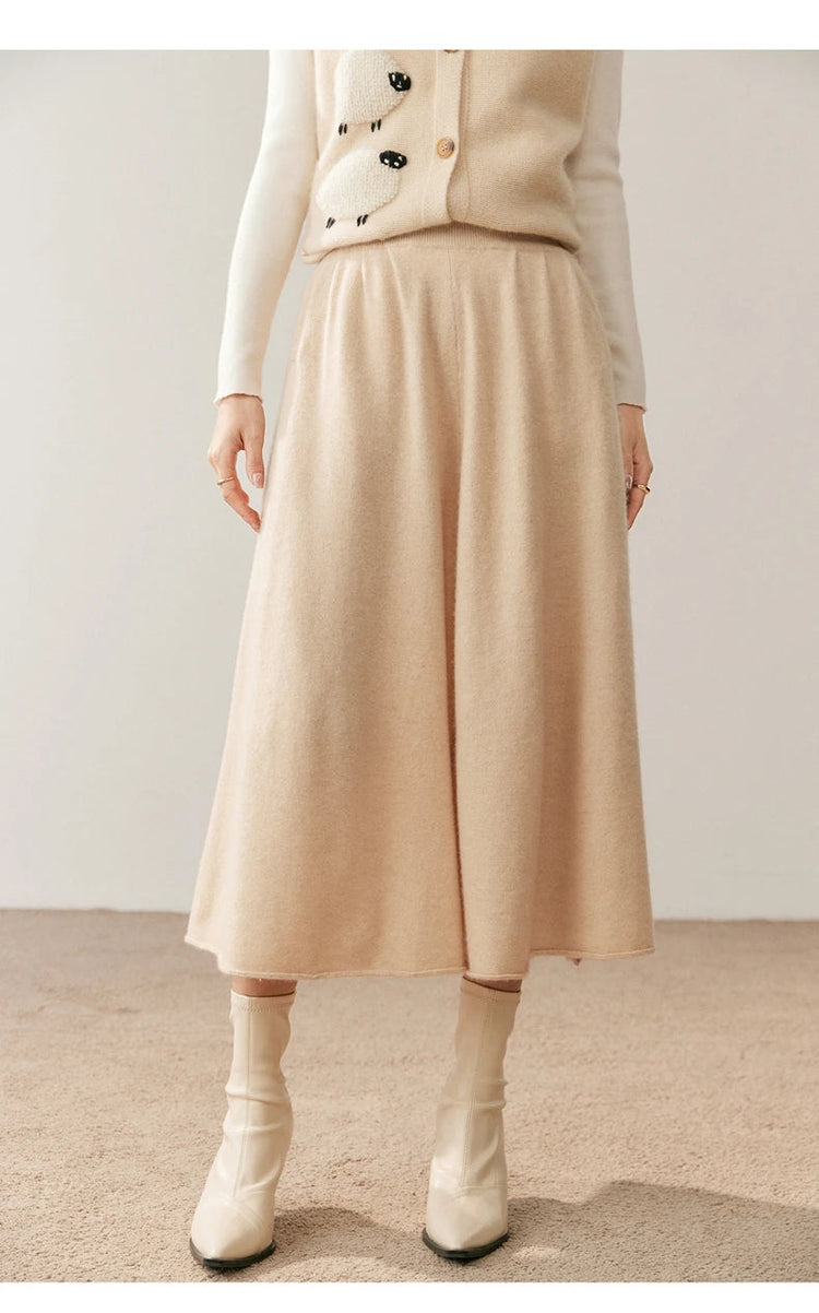 Women's 100% Pure Cashmere Knit Skirt New Elastic Waist Big Swing Skirts Fashion High-End Thick Umbrella Skirt Cashmere Dress PlatiNum