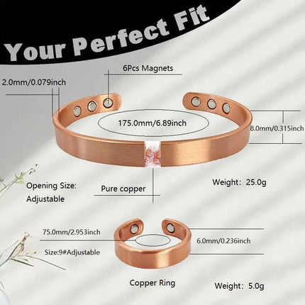 Set Bracciali e anelli in rame puro per donna Uomo Polsino semplice Braccialetti magnetici Artrite Salute Gioielli in rame massiccio platinumshop
