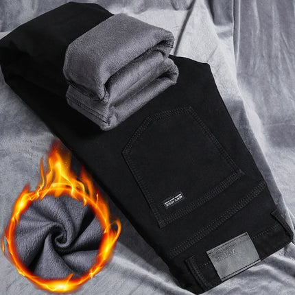 Winter Men's Slim Straight Elastic Denim Pants Casual Male Clothing Fashion Plush Trousers Pure Black Fleece Thick Warm Jeans