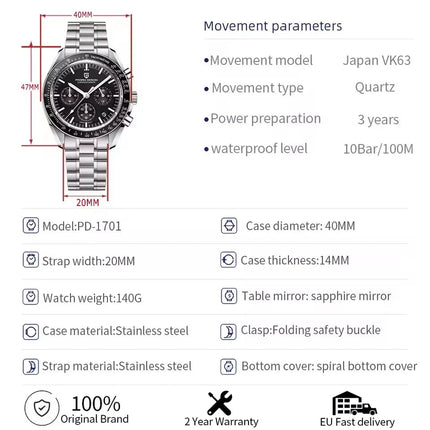 PAGANI DESIGN 500 Orologio da Uomo di Lusso con Cronografo Sportivo, Quadrante Tondo, Vetro Zaffiro AR, Movimento Giapponese, Acciaio 316L, Luminoso platinumshop