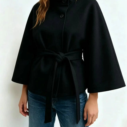 Women's Cape Coat Elegant Stand Collar Belted Solid Color Button Down Autumn Winter Jacket