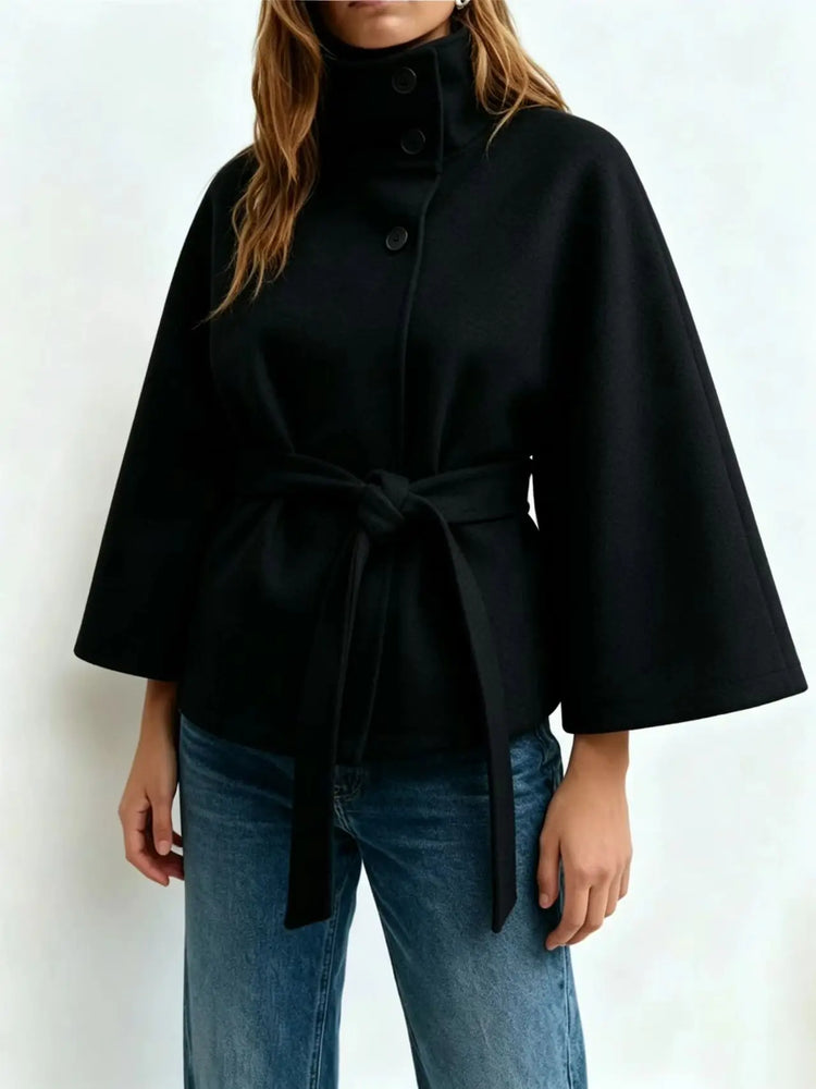 Women's Cape Coat Elegant Stand Collar Belted Solid Color Button Down Autumn Winter Jacket