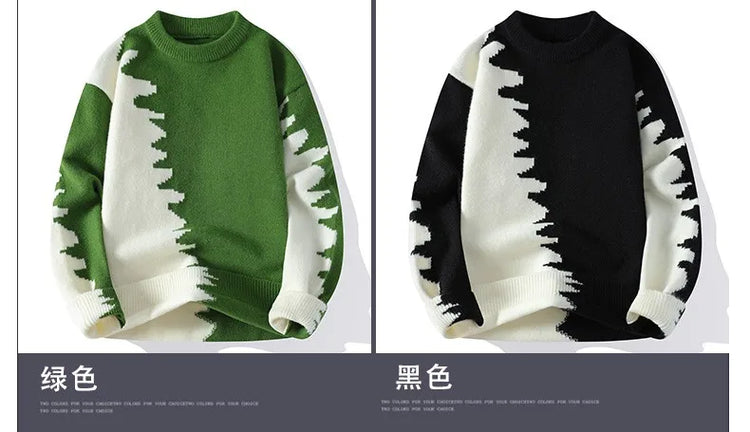 Dragon Graffiti Color blocked Fashion Knitted Sweaters Men's Knitwear Warm Pullover High Quality Mens Casual Loose Male Jumpers