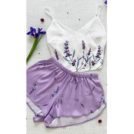 Nuovo pigiama di seta in raso per le donne Set di indumenti da notte con stampa floreale Sexy scollo a V senza maniche Top da notte Pigiama Abbigliamento per la casa Pigiama