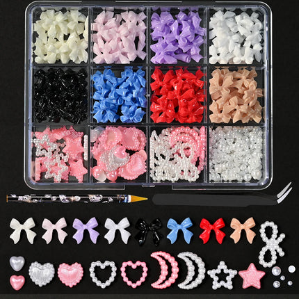 1 Box Pink White Series Bow Heart Nail Charms 3D Arcylic Nail Art Decorations Pearl 5-petal Flower Jewelry Manicure Accessories*
