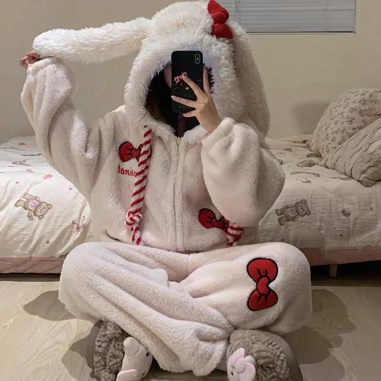 New Sweet and Cute Bow Rabbit One-piece Pajamas Women's Winter New Fleece Thickened Coral Fleece Large Size Loungewear Sleepwear