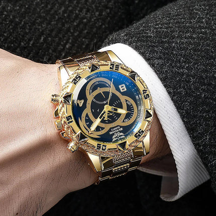 Orologio al quarzo da uomo di lusso Orologio da polso da uomo d'affari classico Quadrante grande Striscia di acciaio legato Orologio al quarzo da uomo a tre occhi con luce blu platinumshop