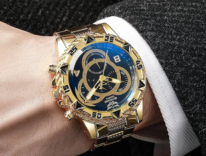 Orologio al quarzo da uomo di lusso Orologio da polso da uomo d'affari classico Quadrante grande Striscia di acciaio legato Orologio al quarzo da uomo a tre occhi con luce blu platinumshop
