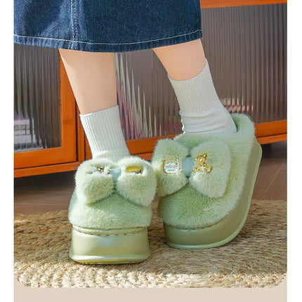 New Pink Bow Slippers Winter Women's Shoes Thick Sole Fuzzy Slippers for Home Mules Shoes Woman Fluffy Metal Bear House Slipper