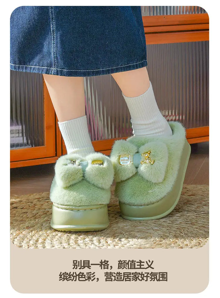 New Pink Bow Slippers Winter Women's Shoes Thick Sole Fuzzy Slippers for Home Mules Shoes Woman Fluffy Metal Bear House Slipper