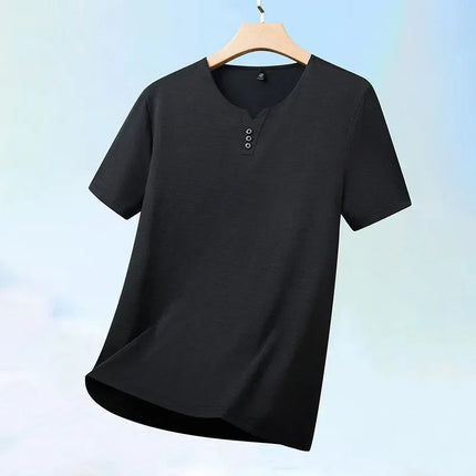 2025 New Men's Business Casual Three Button V-neck Short Sleeved T-shirt Korean Style Summer Comfortable Versatile Top PlatiNum