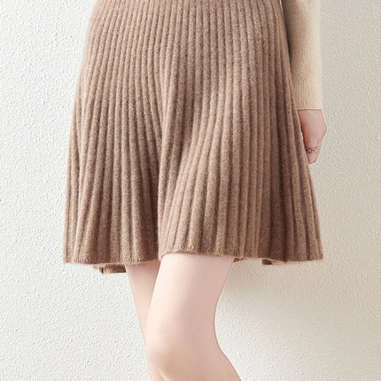Korean Skirt 100% Merino Wool Women's Knitted Mini Skirt Autumn and Winter Women's Fashion Solid Color Small Umbrella Skirt PlatiNum