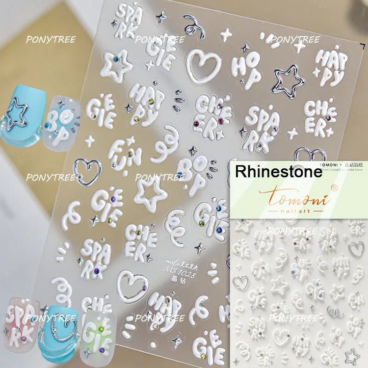 English Word Christmas Tree Calligraphy Font Reindeer Bell Gift Bowknot Starburst Adhesive Nail Charm Art Sticker Manicure Decal