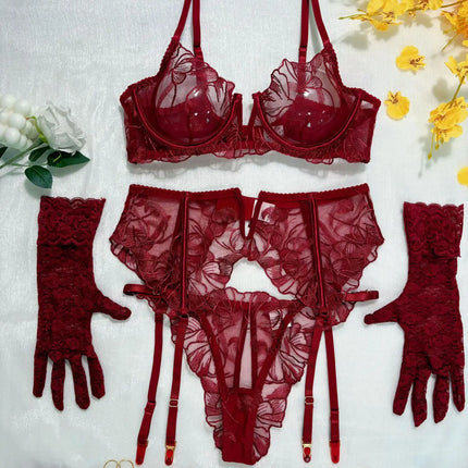 Red Lace Embroidery Bra Set 5-Piece Lingerie Comfortable Push Up Underwear