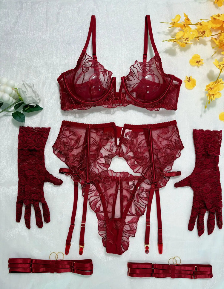 Red Lace Embroidery Bra Set 5-Piece Lingerie Comfortable Push Up Underwear