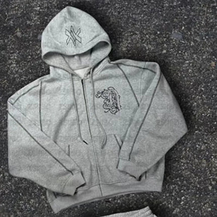 American Y2K Casual Zipper Hoodie Sweatpant Two Piece Set HipHop Oversized Embroidery Sweatshirts Men Women Casual Pants PlatiNum
