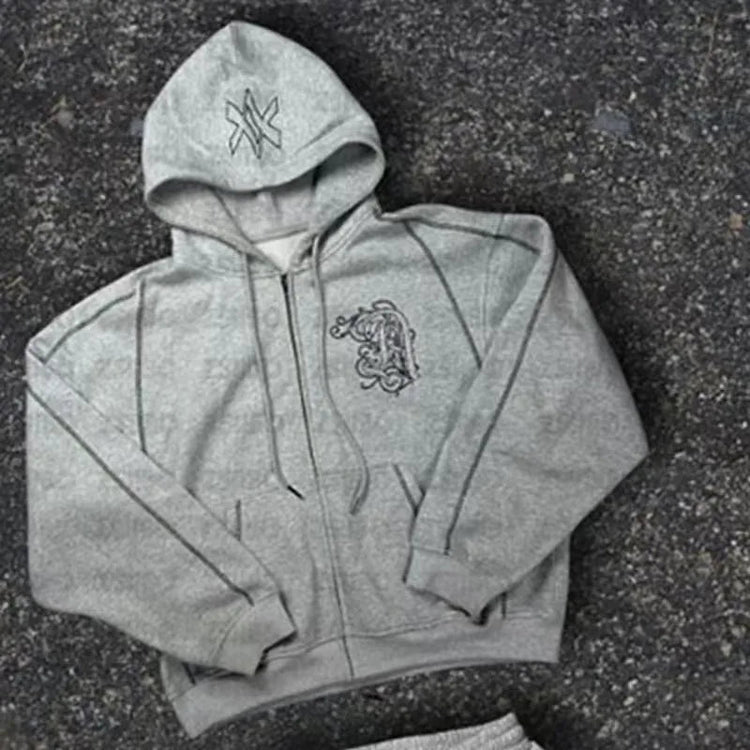American Y2K Casual Zipper Hoodie Sweatpant Two Piece Set HipHop Oversized Embroidery Sweatshirts Men Women Casual Pants PlatiNum