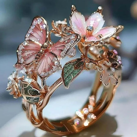 Aesthetic Flower Butterfly Rings for Female Romantic Rhinestone Stylish Non-fading Opening Ring Women Wedding Jewelry Party Gift PlatiNum