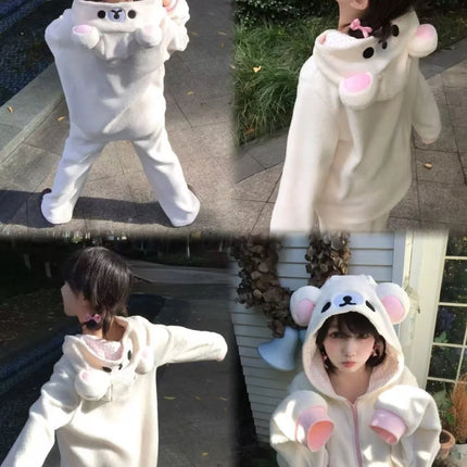 Cute Japan Bear Sleepwear Rilakkuma Y2K Hoodie Pajama Set Girls Fleece Lined Hooded Homewear Suit Autumn Winter Loungewear New