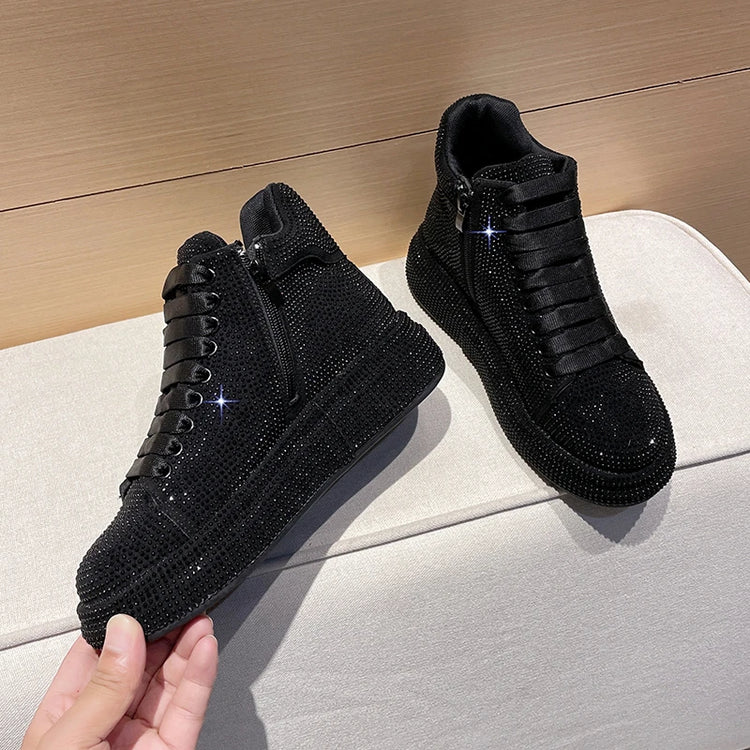 Designer Platform Sneakers Full Diamond Luxury Shoes Versatile Flat Bottom High-top Casual Skateboard Shoes Zapatos De Mujer