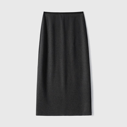 Birdtree Cashmere Silk Blended Skirt For Woman,Elastic Waist Long Skirts,Rear Slit,Commuting Style,2025 Autumn Winter D5N418JF PlatiNum
