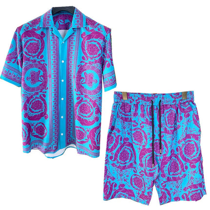 Set di camicie da uomo retrò estive Camicia a maniche corte da spiaggia stampata 3D Pantaloncini da viaggio casual da uomo hawaiano 2 pezzi comoda casual platinumshop