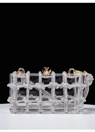 Classic 2025 Acrylic Box Bag with Woven Diamond Rope Handheld Evening Women's Bag Transparent Dinner Handbag European Style PlatiNum