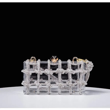 Classic 2025 Acrylic Box Bag with Woven Diamond Rope Handheld Evening Women's Bag Transparent Dinner Handbag European Style PlatiNum