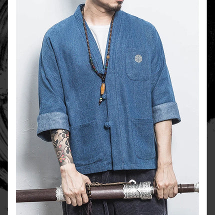 Camicia stile giapponese Kimono Haori Samurai Vestaglie Abito Cinese Hanfu Cardigan Giacche Retro Top Moda Cappotti di jeans Camicetta casual