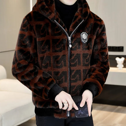 Autumn Winter Faux Fur Hooded Jacket Men Fashion Social Faux Mink Fur Casual Business Jacket Thick Warm Outdoor Windproof Coat
