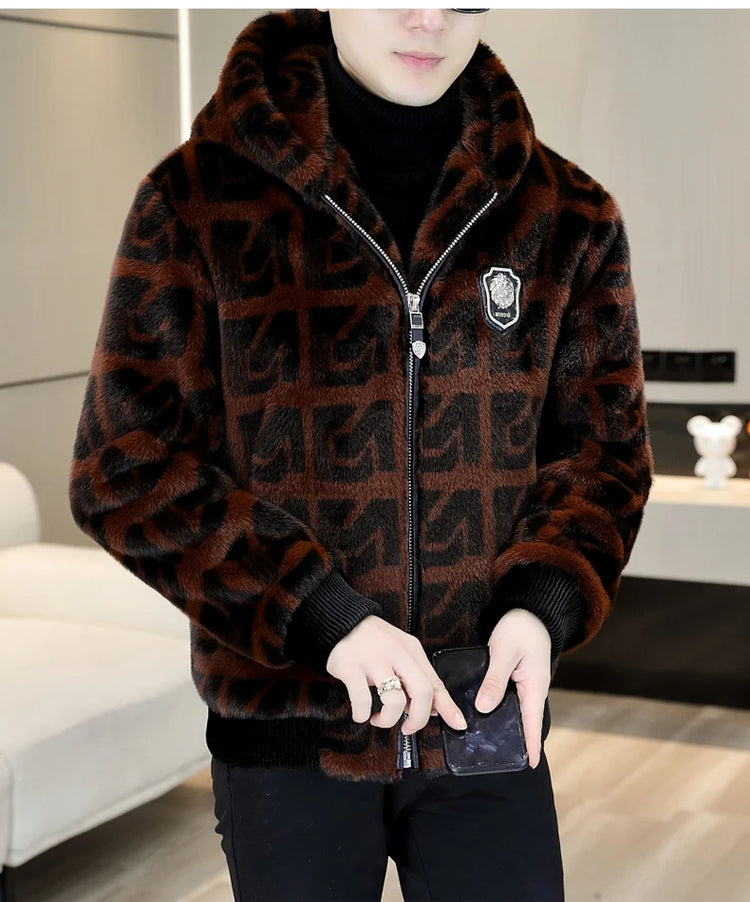 Autumn Winter Faux Fur Hooded Jacket Men Fashion Social Faux Mink Fur Casual Business Jacket Thick Warm Outdoor Windproof Coat
