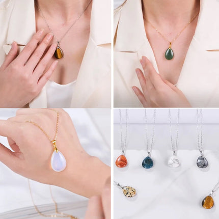 New Fashion Natural Stone Crystal Pendant Teardrop Simple Pendant Necklace Earrings Making Jewelry With Chain collar PlatiNum