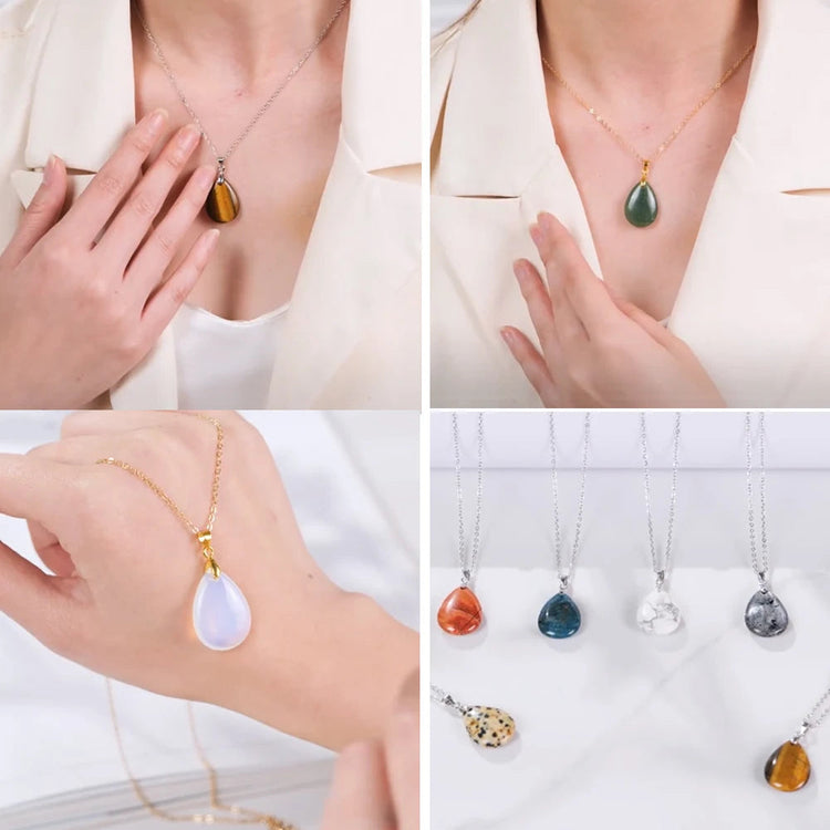 New Fashion Natural Stone Crystal Pendant Teardrop Simple Pendant Necklace Earrings Making Jewelry With Chain collar PlatiNum