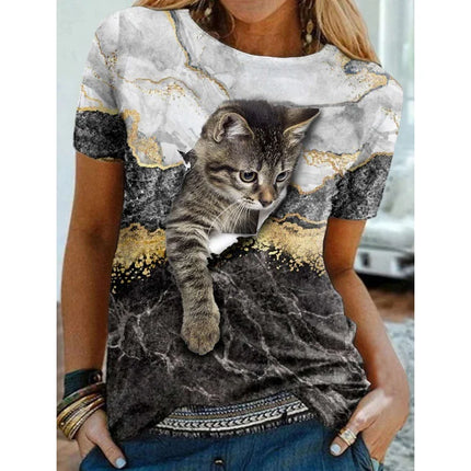 T-shirt mignonne en forme de chat pour femme, avec impression 3D animal de compagnie, manches courtes, hauts décontractés d'été, T-shirts amples Streetwear à col rond