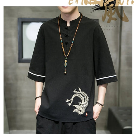Ricamo Phoenix camicie a maniche corte uomo stile cinese cotone lino Cardigan retrò Mens tradizionale Kung Fu Tai Chi Casual Top