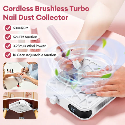 Rechargeable Brushless Turbo Nail Dust Extractor 6000PRM 10‑Speed Adjustable Low Noise Mini Manicure Vacuum for Nail Salon Home Use