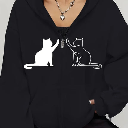 Harajuku Women's Sweatshirts Long Sleeve Zip-Up Casual Jacket with Cat Prints, Suitable for All Seasons Women'S Apparel Hoodie