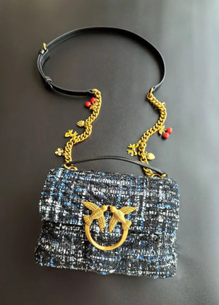 Nuova Borsa a Tracolla/Crossbody da Donna 2026 Ispirata a Pinko in Tweed con Cigno, in Vera Pelle